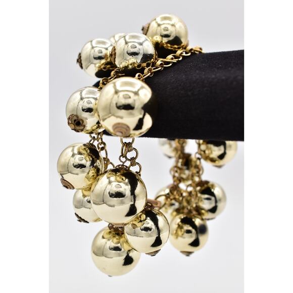 Vintage Ornament Ball Beaded Chain Bracelet Shiny Gold Tone Chunky 1970s BinAW - Picture 1 of 12